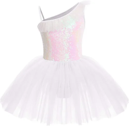 IDOPIP Vestido de ballet con lentejuelas y volantes de un hombro para niñas, tutú con falda, leotardo de bailarina, traje de baile para niños