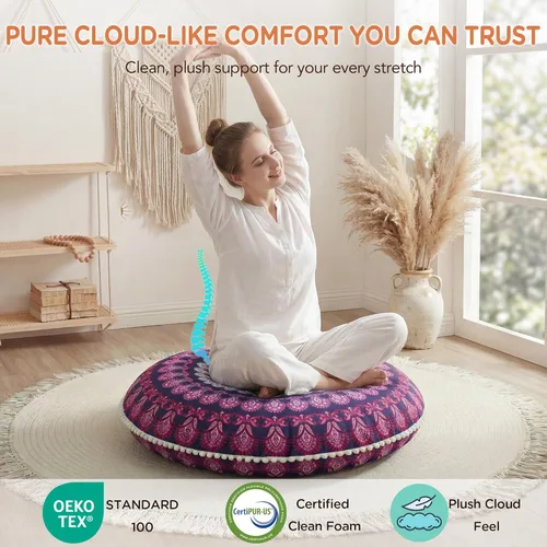 Miniatura 4 de Codi - Juego de 2 cojines de suelo para meditación, grandes y redondos para adultos, diseño bohemio de mandala para exteriores, chimenea, yoga, sala
