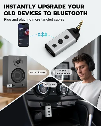 Miniatura 2 de 1Mii B04 Bluetooth 5.4 Adaptador de coche, receptor de audio AUX giratorio de 180°, llamada clara manos libres, 16H+ de larga espera