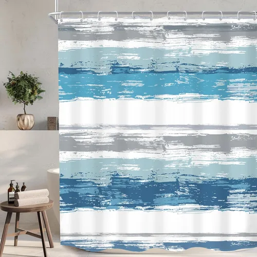 Miniatura 18 de KOMLLEX Cortina de ducha abstracta azul para decoración de baño, 72 pulgadas de ancho x 72 pulgadas de alto, moderna, a rayas blancas y grises