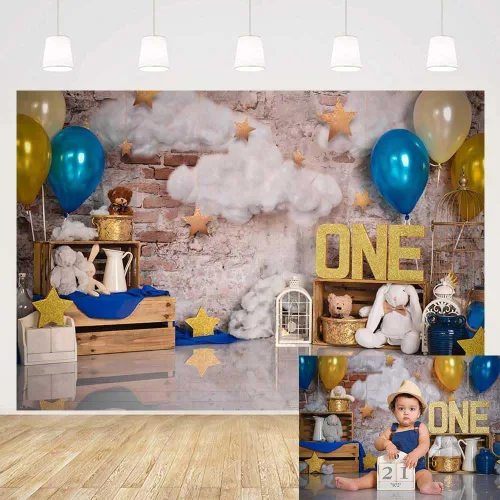 MEHOFOTO - Telón de fondo para estudio fotográfico de un cumpleaños, globos y estrellas de nube, decoración retro para fiesta de primer cumpleaños,