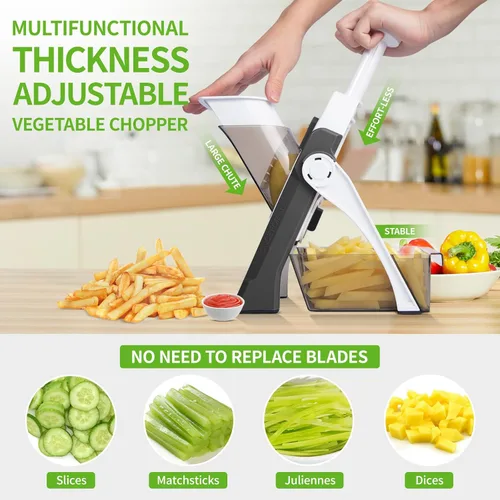 Miniatura 4 de Picadora de verduras de mandolina segura con recipiente para cocina, profesional, más con más de 30 ajustes preestablecidos y ajustador de grosor
