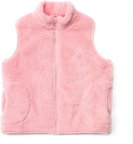 JESKIDS Chaleco de forro polar Sherpa para niñas, ligero, color liso, linda chaqueta con bolsillos, 2-11 años