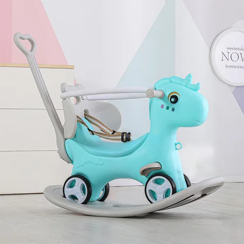Caballo mecedor 4 en 1 para niños pequeños de 1.5 a 3 años, juguetes de paseo en bicicleta de equilibrio con asa de empuje, respaldo de juguete Azul