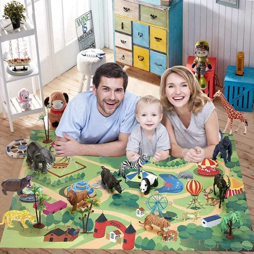 Miniatura 7 de BOLZRA Figuras de animales de safari con tapete de juego de actividades y caja de almacenamiento, juego gigante de plástico realista con león