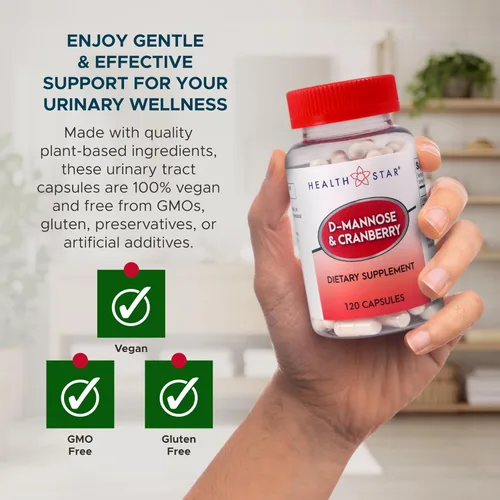 Miniatura 4 de D-manosa y arándano 1300 mg de Health Star Suplemento de salud del tracto urinario vegano y sin OMG Defensa UTI y apoyo de la vejiga