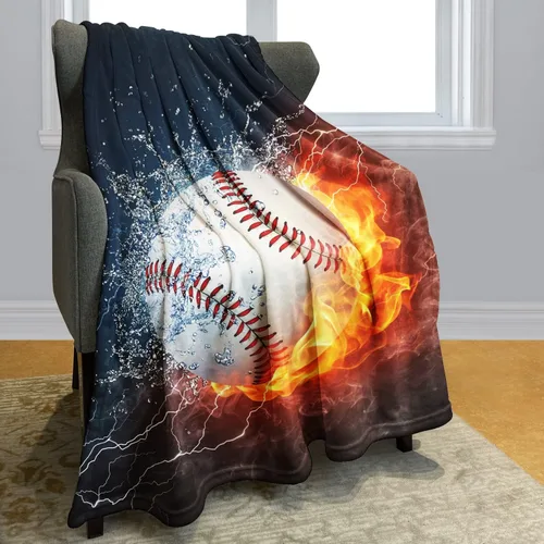 Miniatura 2 de YISUMEI Manta de béisbol impresa en 3D, 60 x 80 pulgadas, bola blanca chocar en agua y fuego, ideal para decoración del hogar con temática deportiva