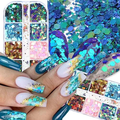 Lentejas de purpurina camaleón para uñas, lentejuelas de arte de uñas holográficas 3D con gradiente láser, polvo de purpurina brillante en gel UV,