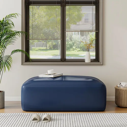 Miniatura 8 de Otomana rectangular de piel auténtica, mesa de centro otomana con botones y patas, taburete tapizado para sala de estar, dormitorio, entrada, Azul