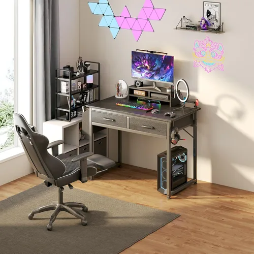 Miniatura 4 de DLisiting - Escritorio pequeño con cajones de tela para dormitorio, escritorio de 32 pulgadas para juegos con 2 cajones para espacios pequeños, mesa