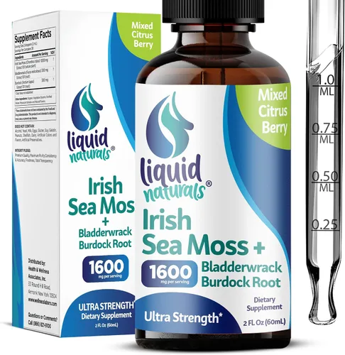 Irish Sea Moss Drops - Sabor a bayas cítricas, más de 92 minerales esenciales y vitaminas, energía, piel, intestino, recuperación, vejiga y raíz de