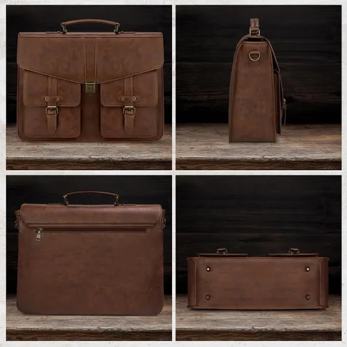 Miniatura 7 de RAINSMORE Bolsa de mensajero para hombre de 17 pulgadas, maletín para computadora portátil, impermeable, de cuero, para trabajo, oficina, viajes