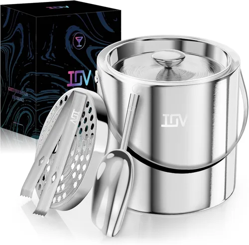 Miniatura 9 de IOV Cubo de hielo con tapa, cuchara, pinzas y colador, cubo de hielo aislado de doble pared de acero inoxidable de 3 L para fiestas, mantiene