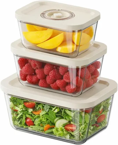 Recipientes de vidrio de sellado al vacío para almacenamiento de alimentos (juego de 3 piezas) | Funciona con la mayoría de selladores al vacío de