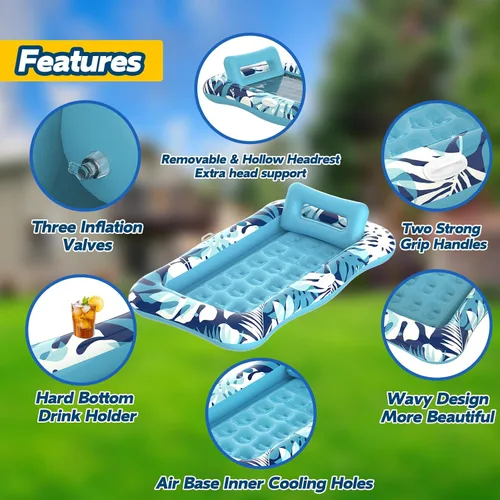 Miniatura 5 de Pool Floats Adult,76" x 48" XL Inflatable Tanning Pool Lounger Float with Pillow,4 in 1 Suntan Tub Sunbathing Raft Floatie Water-Filled Mattress Azul