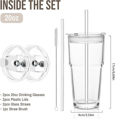 Miniatura 3 de SoulTimes Vaso de vidrio de 20 onzas con tapa y popote de vidrio – Juego de 2 vasos transparentes reutilizables para café helado, vaso para café