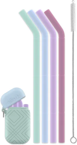 Ello Impact - Paquete de pajitas de silicona reutilizables con funda de transporte plegable y almacenada, popote portátil para fiestas, viajes,