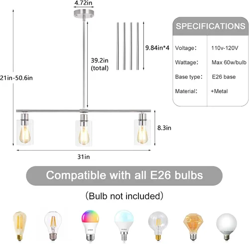 Miniatura 4 de Iluminación de isla de cocina, 3 luces negras para comedor, lámpara de araña lineal moderna con pantalla de vidrio transparente, 31 pulgadas