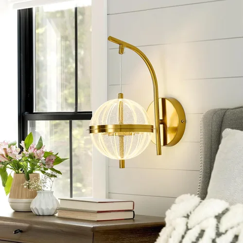 Miniatura 7 de UOFUS Aplique de pared dorado con pantalla acrílica de globo de mediados de siglo, moderna lámpara de pared LED de 12 W, 3000 K/4000 K/6000 K