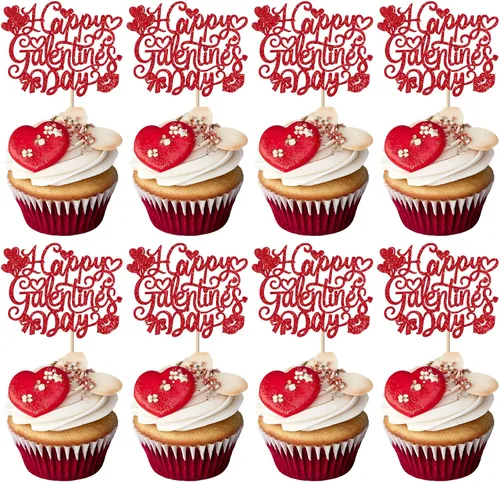 Miniatura 28 de Paquete de 24 adornos para cupcakes con purpurina en forma de corazón con temática de amor dulce, decoración de pasteles para el día de San