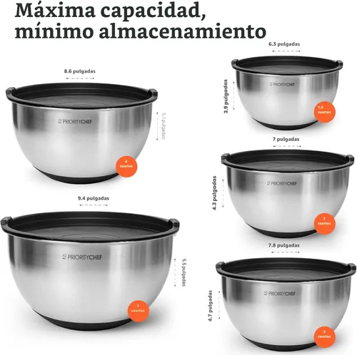 Miniatura 3 de Priority Chef Juego de tazones de mezcla de alta calidad con tapas, tapas herméticas, acero inoxidable más grueso, base antideslizante, 5 tazones