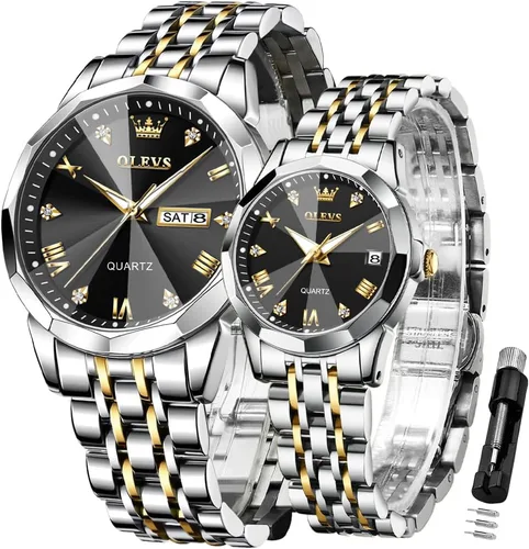 Miniatura 69 de OLEVS Juego de 2 relojes de cuarzo para parejas de San Valentín, calendario luminoso, ventana de fecha, 3 ATM, impermeable, casual, acero