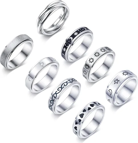 KELAIEN 8 anillos de acero inoxidable para mujeres y hombres, anillos giratorios para ansiedad, anillos giratorios, flores, luna, estrella, sol,