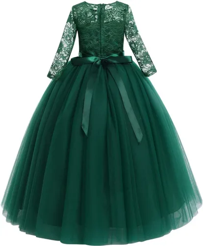 Miniatura 3 de Vestido largo de encaje para dama de honor con mangas 34, longitud hasta el suelo, boda, fiesta, noche, formal, pegeant maxi vestidos de tul