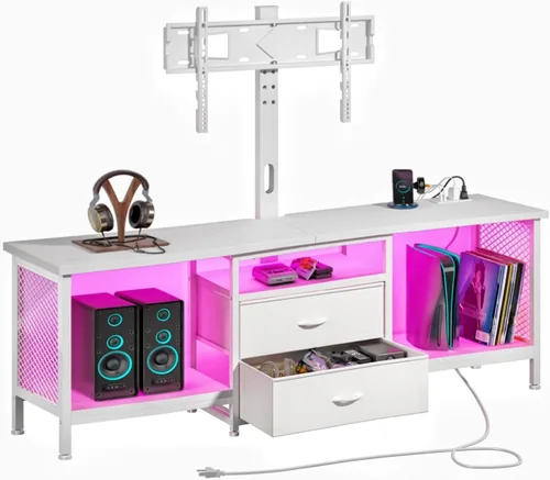 Miniatura 11 de Soporte de TV de 55 pulgadas de ancho con soporte y toma de corriente para TV de 32/45/55/60/65 pulgadas, consola LED giratoria y ajustable con 2