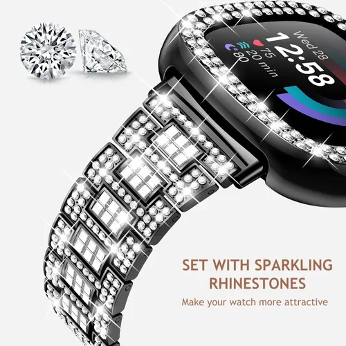 Miniatura 2 de Dsytom Bling Banda de Reloj Elegante Compatible con Fitbit Versa 4, Sense 2, Versa 3, Sense - Correa Linda con Funda Protectora de Rinstone