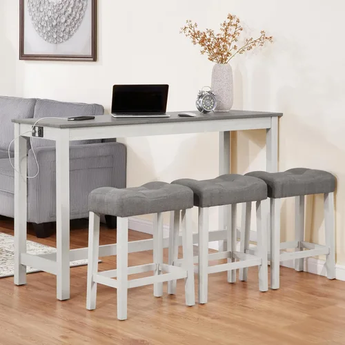 Miniatura 11 de Juego de mesa de bar industrial de 59" de 4 piezas con toma de corriente incorporada, mesa de sofá detrás del sofá con 3 taburetes tapizados