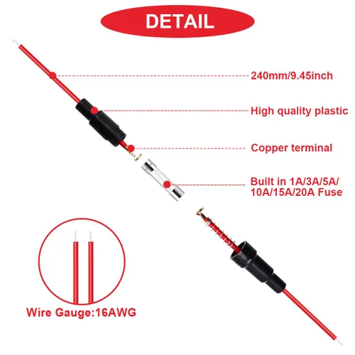 Miniatura 3 de 15 fusibles de 0.197 x 0.787 in tipo tornillo en línea con cable rojo de 16 AWG + 60 fusibles de tubo de vidrio de soplado rápido 250V 1A, 3A, 5A