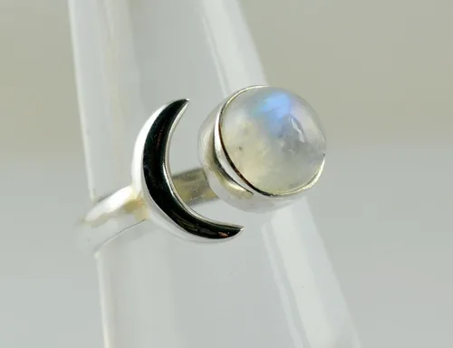 Miniatura 9 de Navya Craft Anillo de plata de ley 925 con piedra lunar y luna creciente, ajustable, para mujer, piedra lunar arcoíris natural, joyería hecha a
