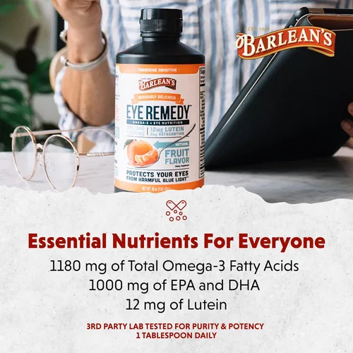 Miniatura 6 de Barlean's Omega 3 Eye Remedy Suplemento líquido de aceite de pescado con luteína, astaxantina y zeaxantina, 1000 mg de ácidos grasos EPA y DHA