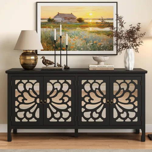 Miniatura 9 de RoyalCraft Armario buffet de 63 pulgadas con almacenamiento, armario decorativo Credenza con 4 puertas y estantes ajustables, consola multimedia