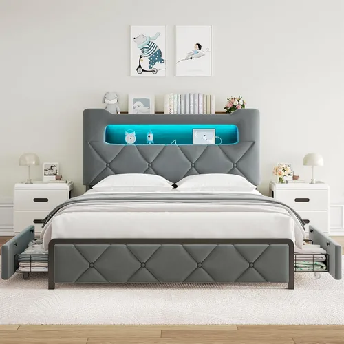 Miniatura 7 de Base de cama LED tapizada tamaño Queen con 2 cajones de almacenamiento y cabecera de almacenamiento de 2 niveles, cama de plataforma de terciopelo