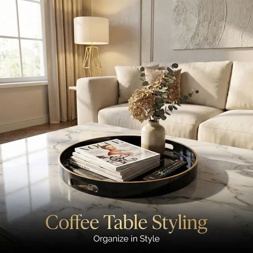 Miniatura 8 de Bandeja decorativa redonda, plástico mármol con asas, tocador moderno y para servir otomana, mesa auxiliar, cocina y baño, tamaño 13 pulgadas, negro
