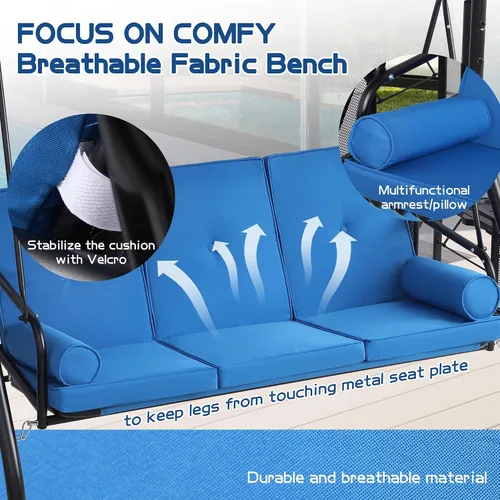 Miniatura 5 de Columpio de porche al aire libre de 3 asientos con toldo ajustable, cama convertible con soporte, planeador de patio con cojín, almohada y soporte