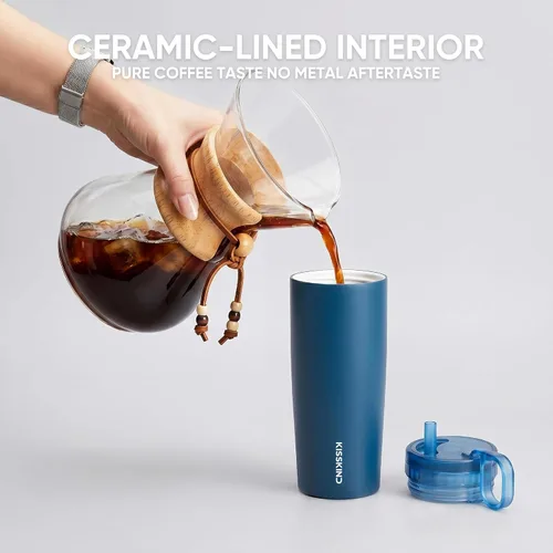 Miniatura 6 de KISSKIND Vaso de café helado con popote oculto, taza de café helado reutilizable de 20 onzas, taza de viaje con forro de cerámica que cabe en bolsas