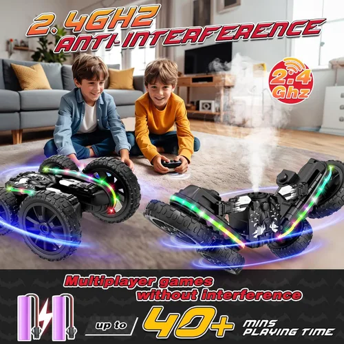 Miniatura 3 de Jimdella - Autos RC, juguetes de autos RC, transformador de control remoto 2-en-1 4WD con spray y luces LED, camión de acrobacias todoterreno