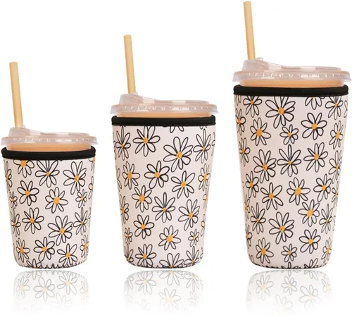Miniatura 47 de Funda aislante reutilizable para taza de café helado, paquete de 3 fundas de neopreno para bebidas frías y calientes, soporte para bebidas para café