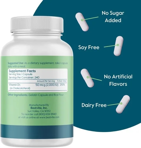 Miniatura 2 de BESTVITE Vitamina D 2000 UI (240 cápsulas) - Sin estearatos - Sin OMG - Sin gluten