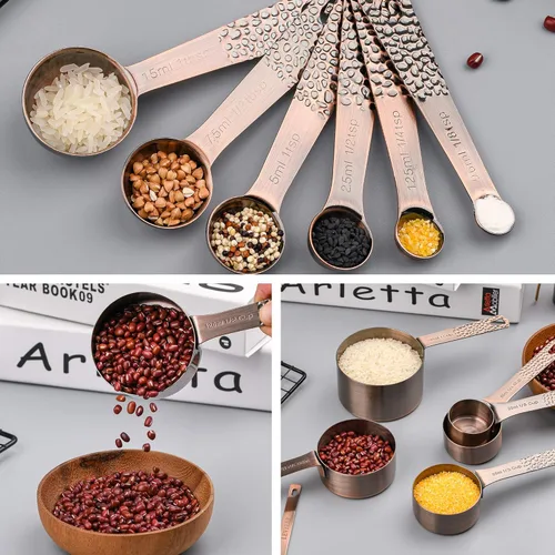 Miniatura 9 de Juego de tazas y cucharas medidoras de cobre para hornear y cocina, juego de tazas y cucharas medidoras de acero inoxidable, 5 tazas medidoras secas