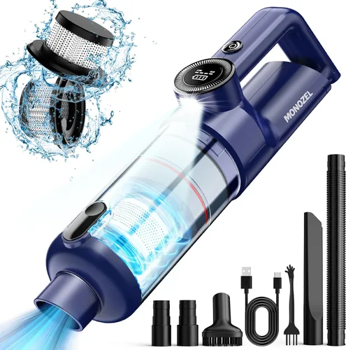 MONOZEL Aspiradora de Mano Inalámbrica - Aspiradora de Coche con Motor Sin Escobillas, Succión Potente de 15kPa, Luz LED, Puerto Tipo C, 2 Filtros,
