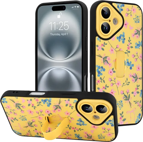 Miniatura 128 de Funda diseñada para iPhone 17 Pro Max con soporte plegable y correa para dedos, bonito patrón de lazo de corazón de flor rosa para mujeres y niñas