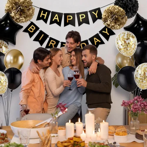 Miniatura 4 de Decoraciones de cumpleaños para hombres, suministros de decoración de fiesta dorado y negro, incluye pancarta de feliz cumpleaños, confeti, globos