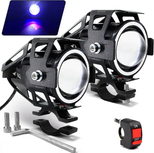 Luces antiniebla LED U7 para motocicleta, foco, luces de circulación diurna, luces de bicicleta con ojos de ángel azules, anillo halo e interruptor,