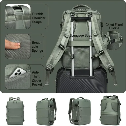 Miniatura 5 de Somago Mochila de viaje con 3 compartimentos grandes, aprobada por aerolíneas, mochila de mano casual, para portátiles de hasta 16 pulgadas, Verde