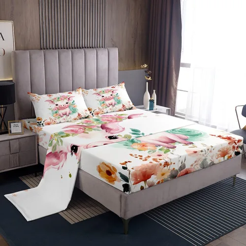 Miniatura 39 de Erosebridal Juego de sábanas de tamaño individual con diseño de gatos y gatos, con temática de animales, con flores coloridas, juego de sábanas