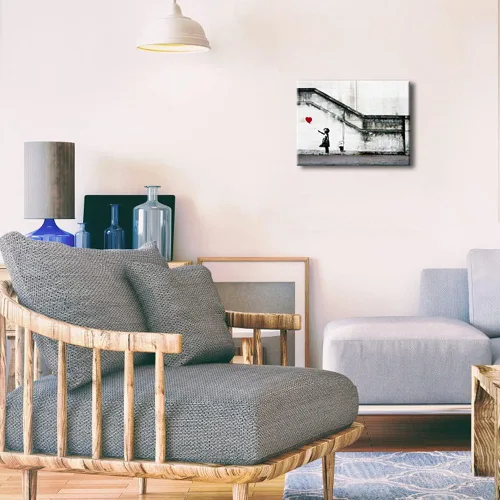 Miniatura 3 de Pyradecor Banksy Grafitti Girl with Red Balloon Grey Love Pictures Cuadros sobre lienzo, arte de pared moderno, impresiones en lienzo para sala